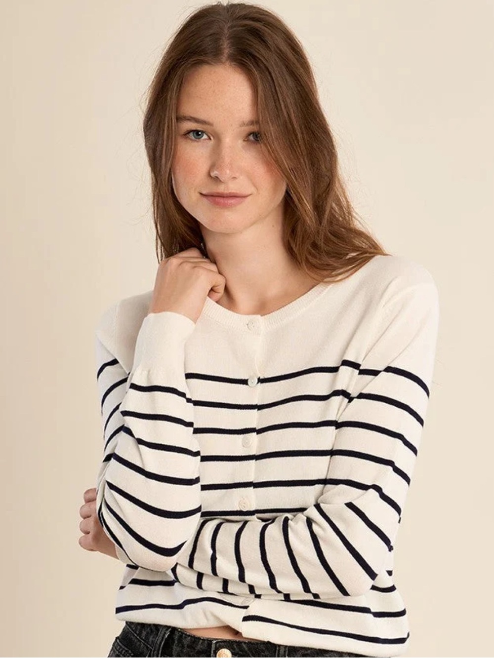 a new day Cream and Black Striped Button-Up Cardigan